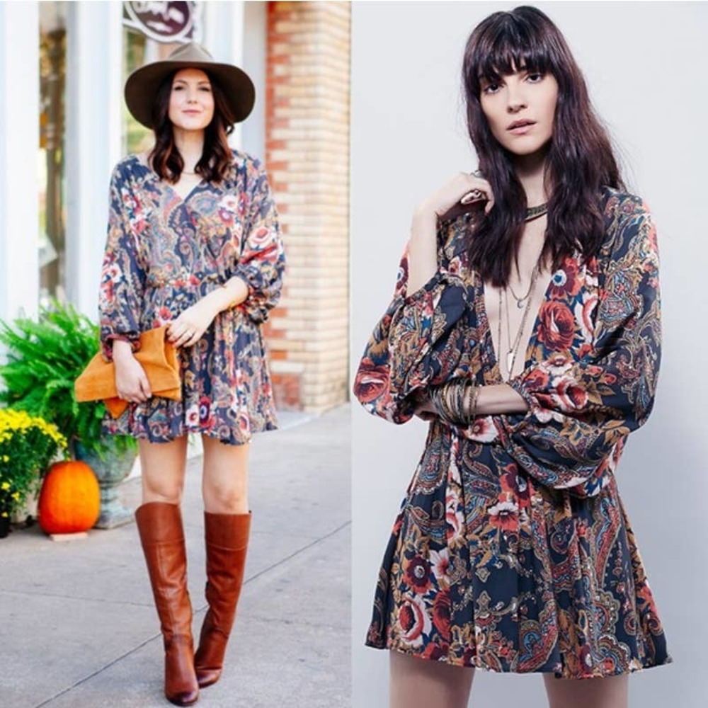 Free People High Plains Floral Boho Printed Balloon Sleeve Mini Dress Small EUC